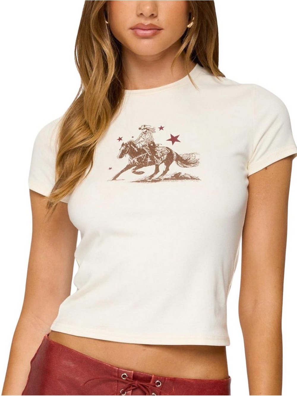 Edikted Cream Short Sleeve Crop Tee with Brown Rodeo Graphic and Red Stars